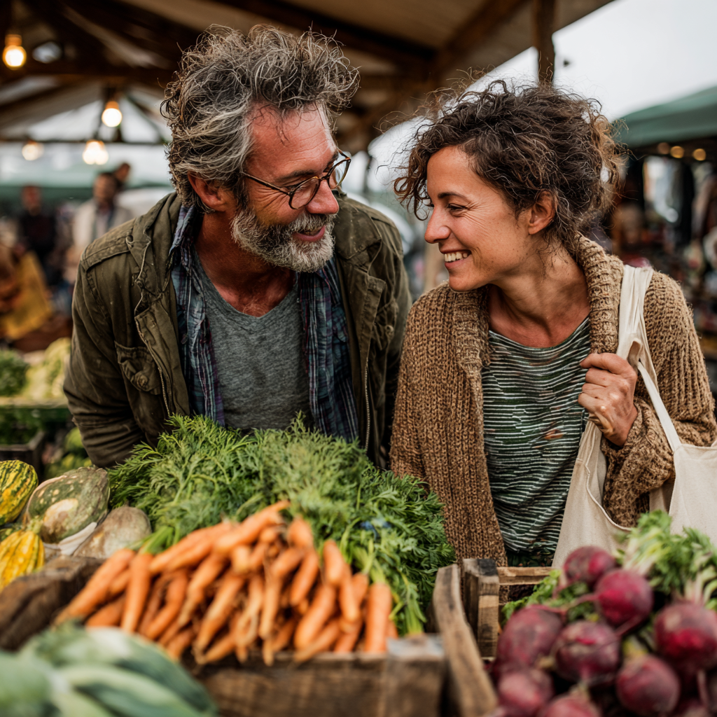 Healthy couple in their 40s shopping for fresh, organic vegetables at a local farmers market, holding reusable bags and smiling while selecting seasonal produce