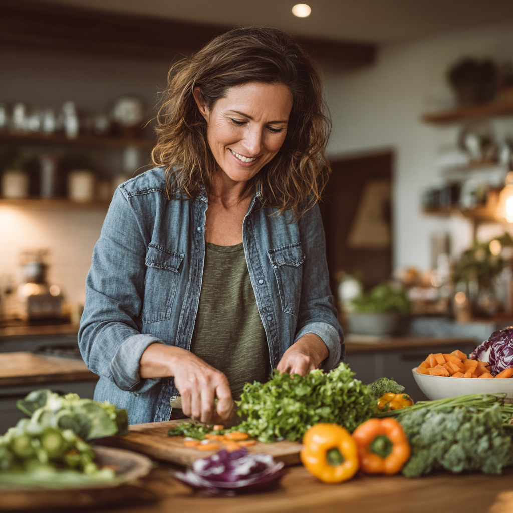 Middle-aged woman in her 40s preparing a colorful, healthy salad in a bright modern kitchen, smiling while arranging fresh vegetables on a wooden cutting board