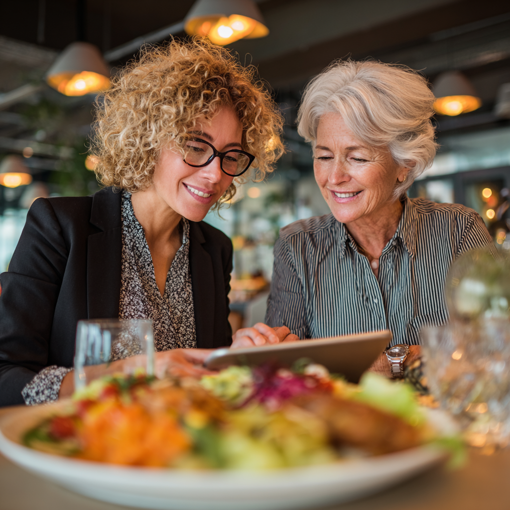 Professional nutritionist in her 50s consulting with a client, both looking at a tablet displaying meal plans in a bright, modern office setting